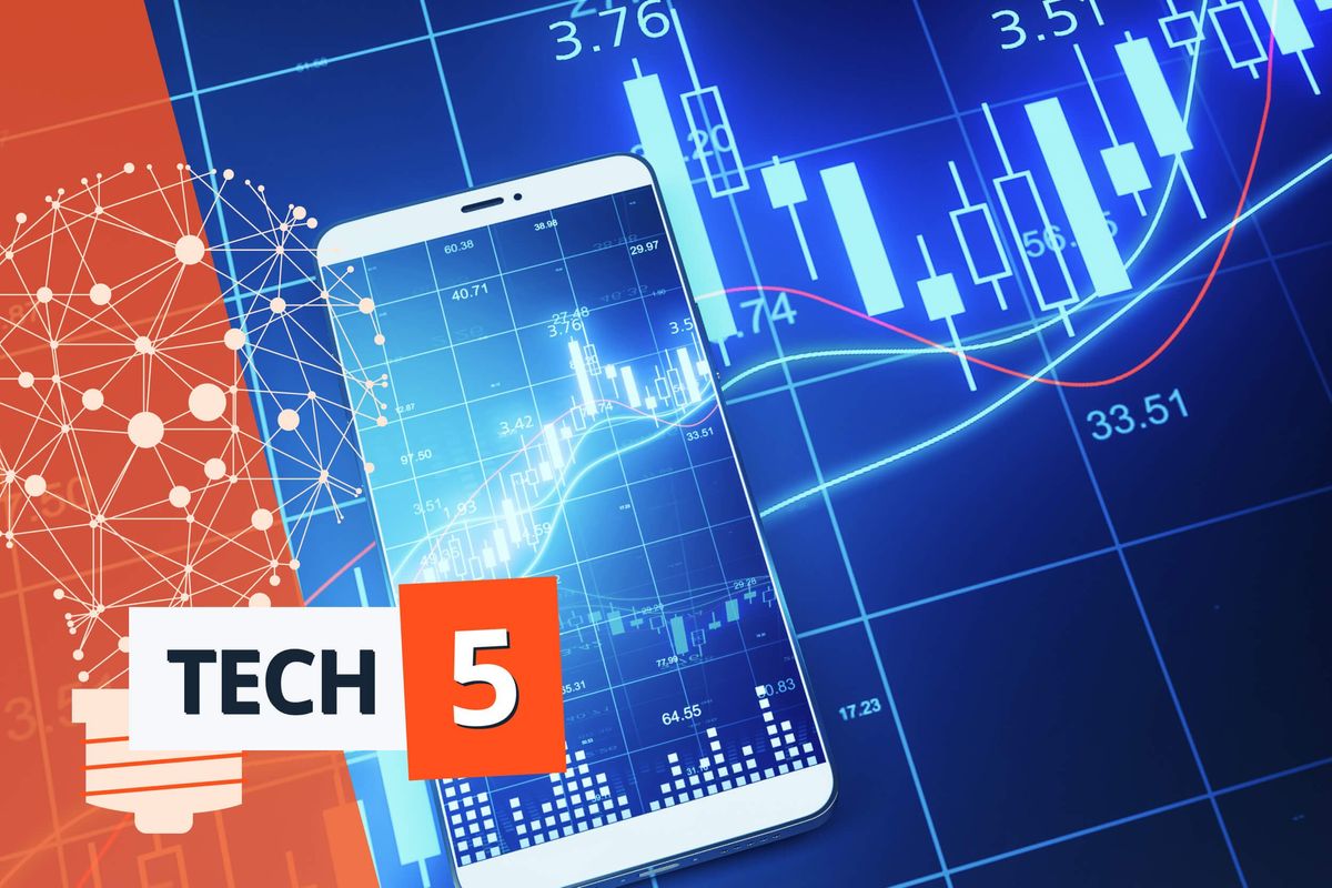 Smart phone displaying blue stock charts with the words Tech 5 in front.