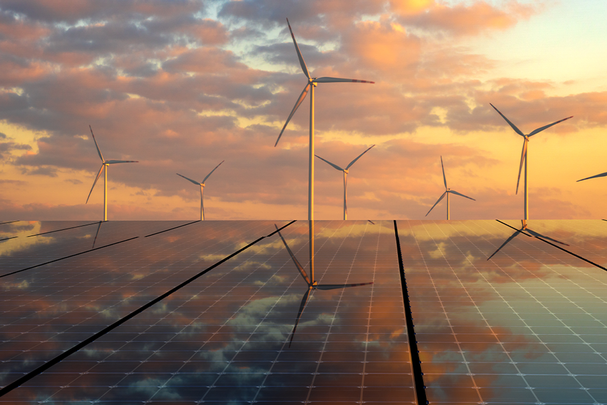 Solar panels and wind turbines.