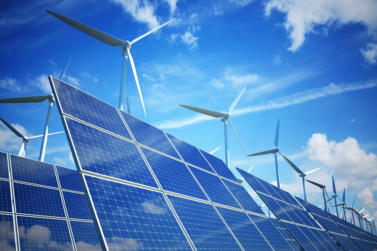 Solar panels and windmills.