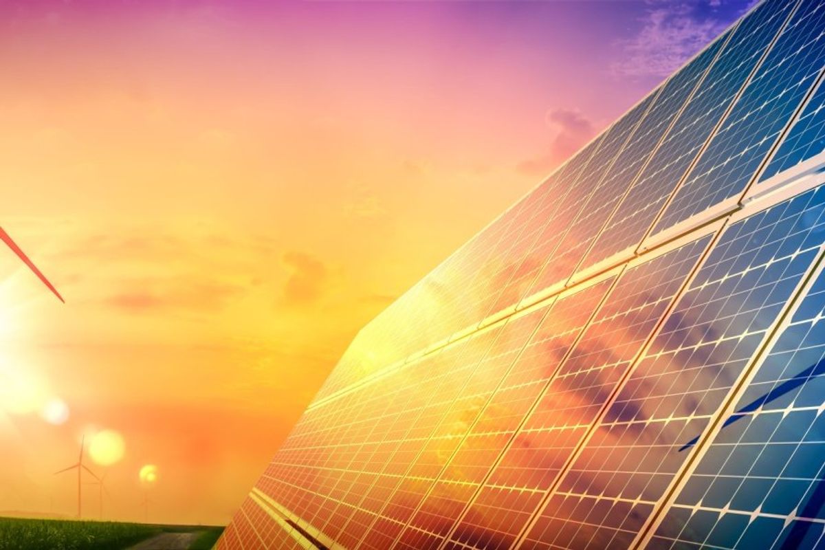 Solar panels at sunset.