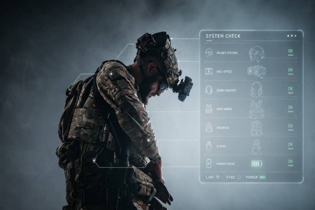 Soldier in camouflage gear stands in front of a digital system check display.