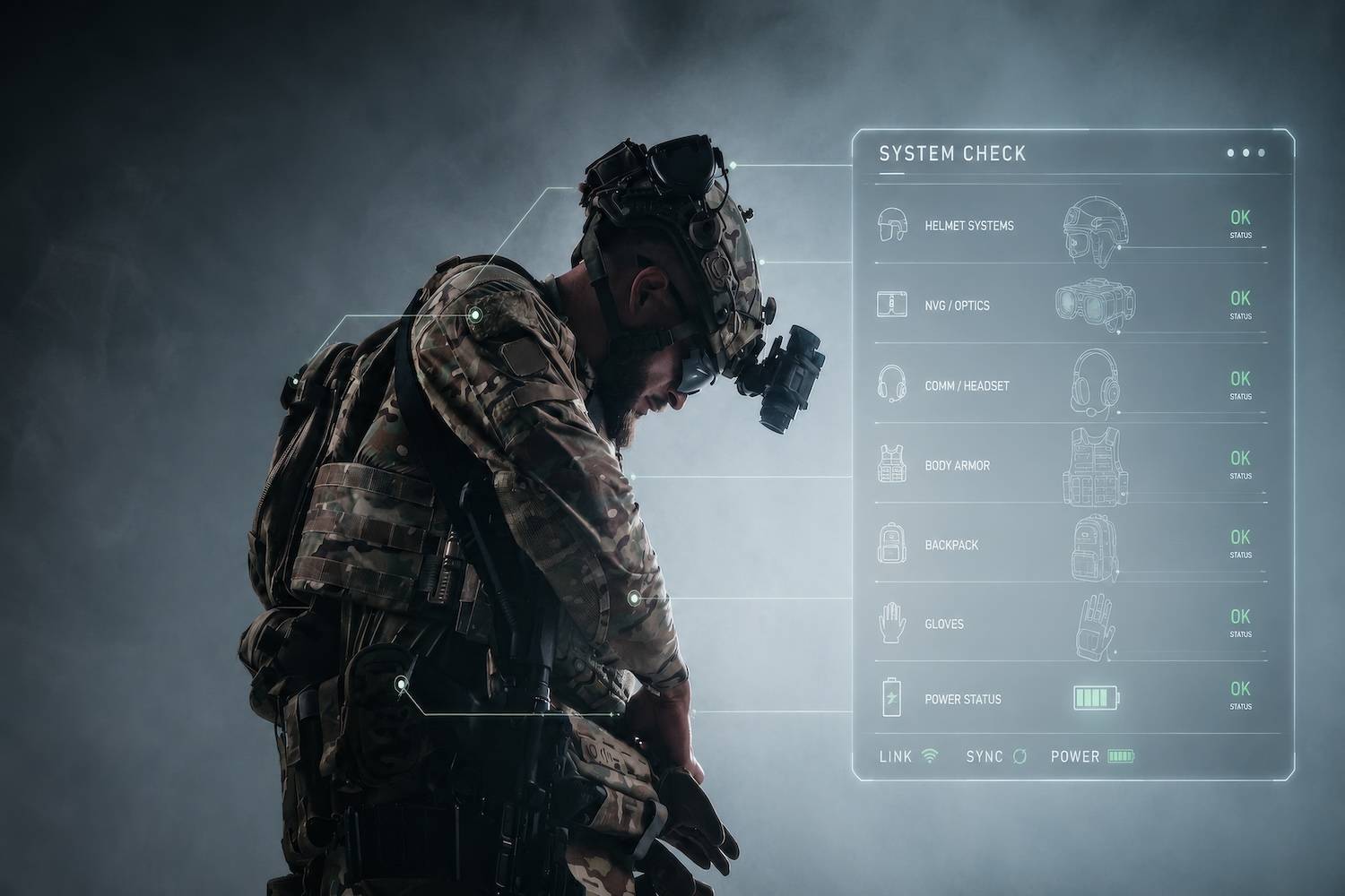 Soldier in camouflage gear stands in front of a digital system check display.