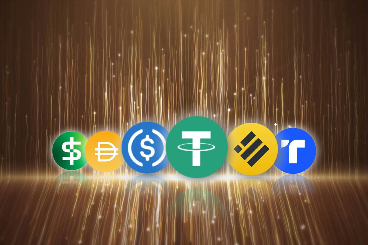 Stablecoin symbols on a glowing abstract background.