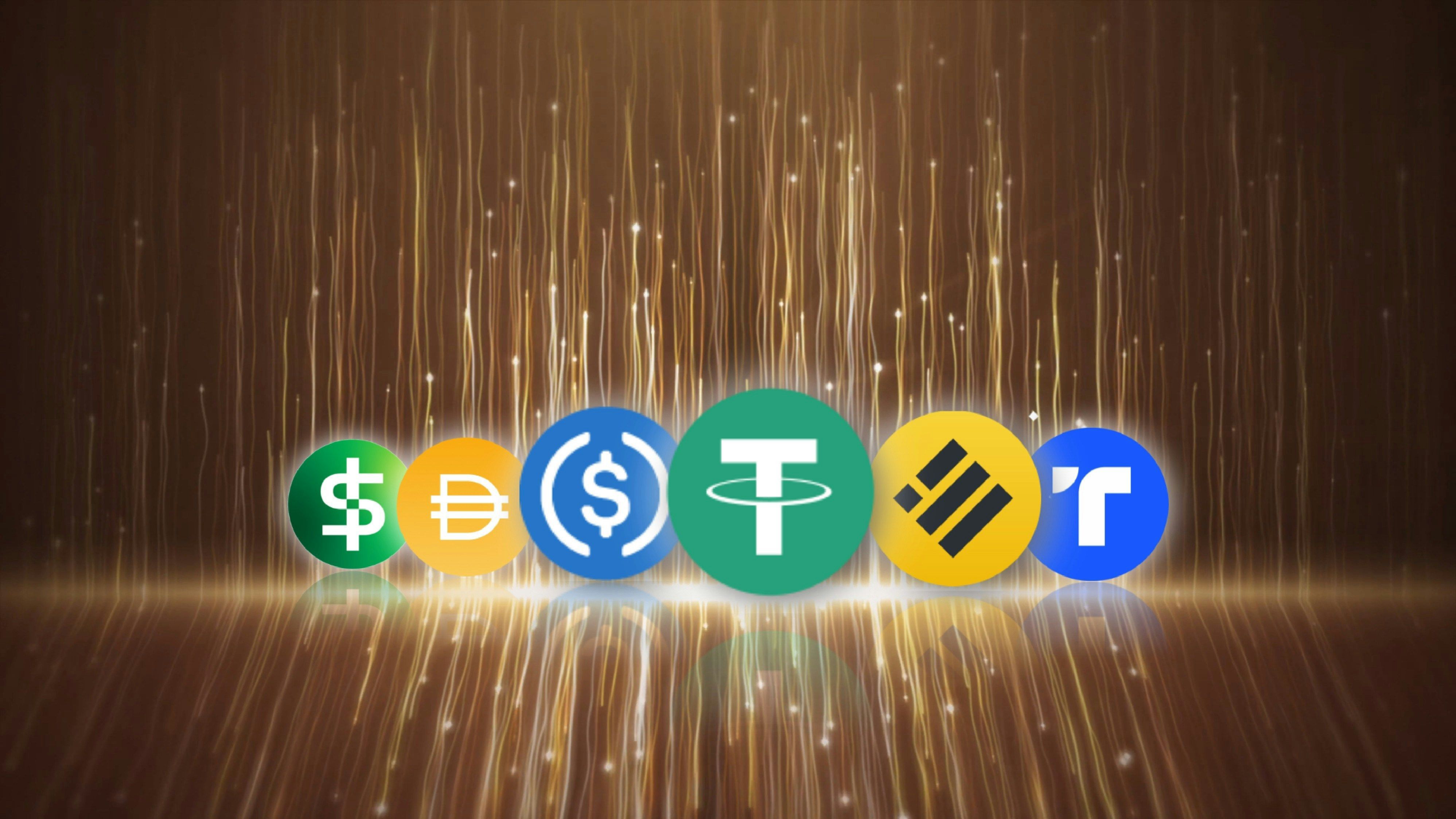 Stablecoin symbols on a glowing abstract background.