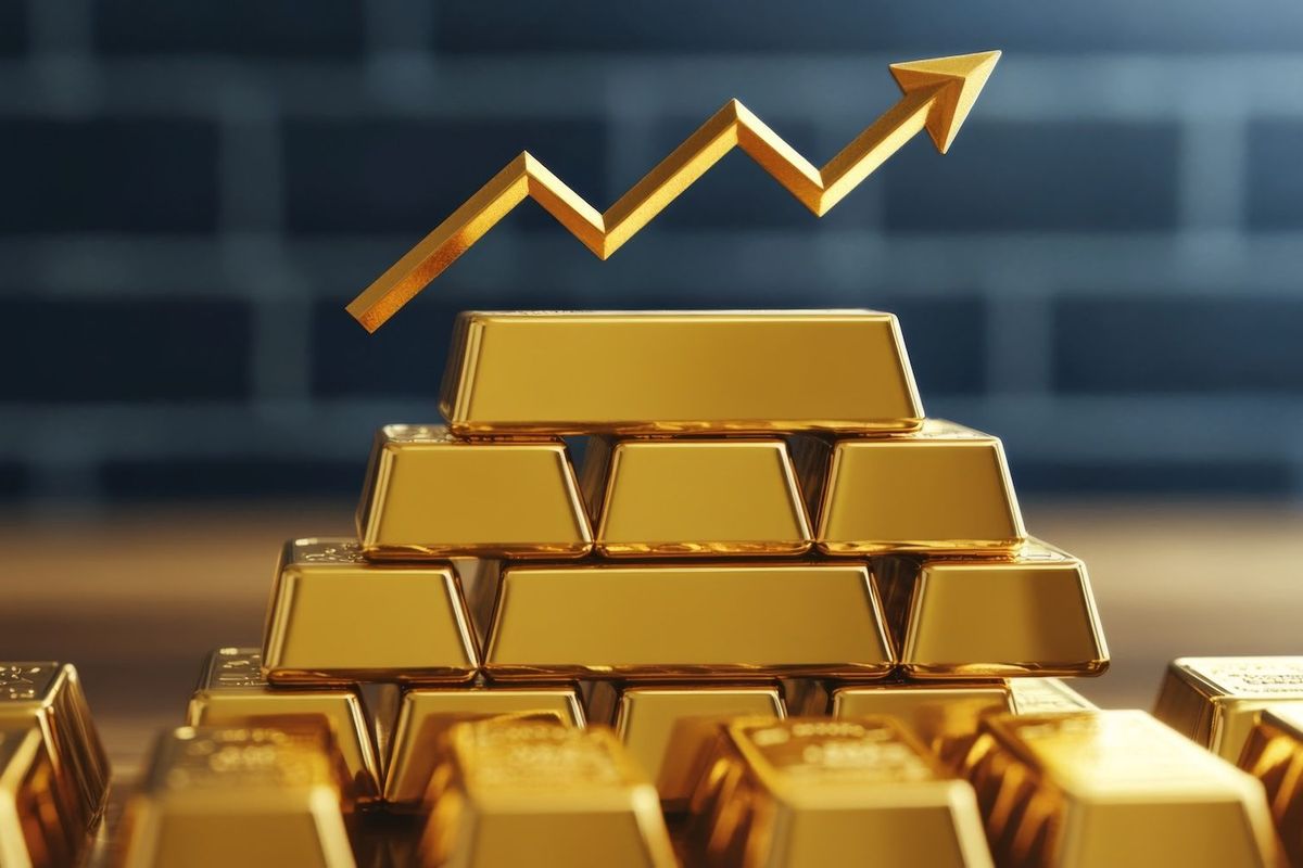 Stack of gold bars with gold up arrow.
