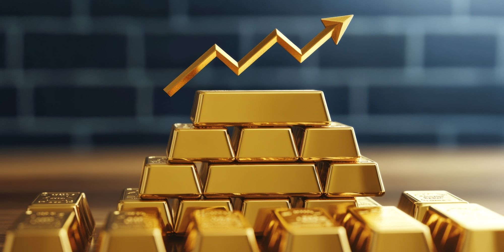 Stack of gold bars with gold up arrow.