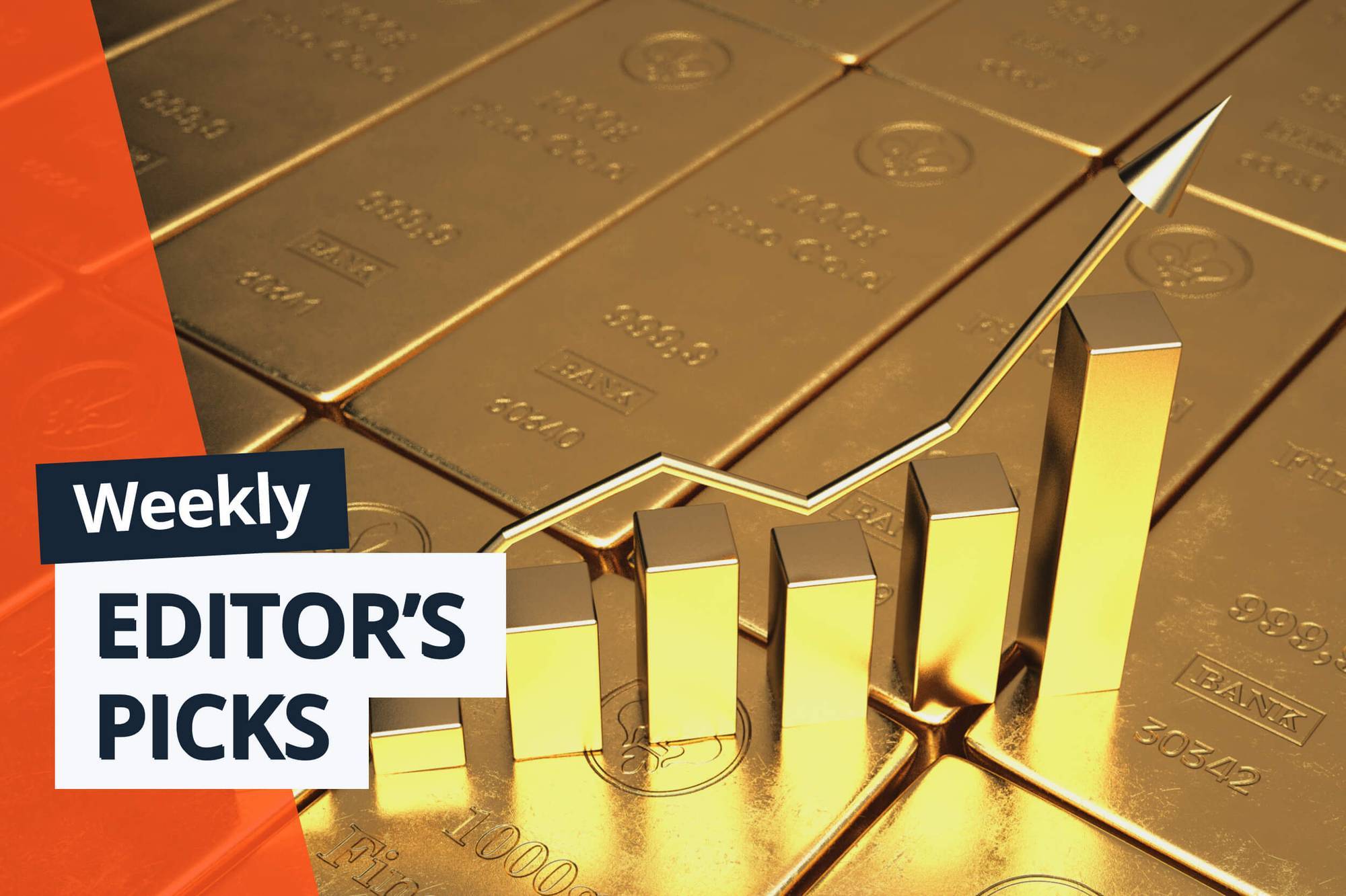 Stacked gold bars with rising graph and text reads: "Weekly Editor’s Picks."
