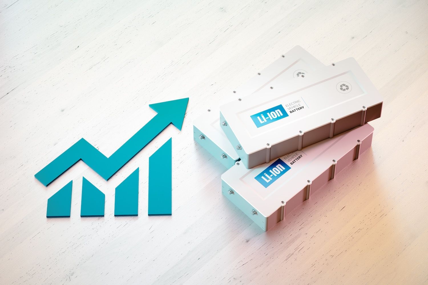 Stacked lithium-ion batteries beside upward arrow chart symbol.