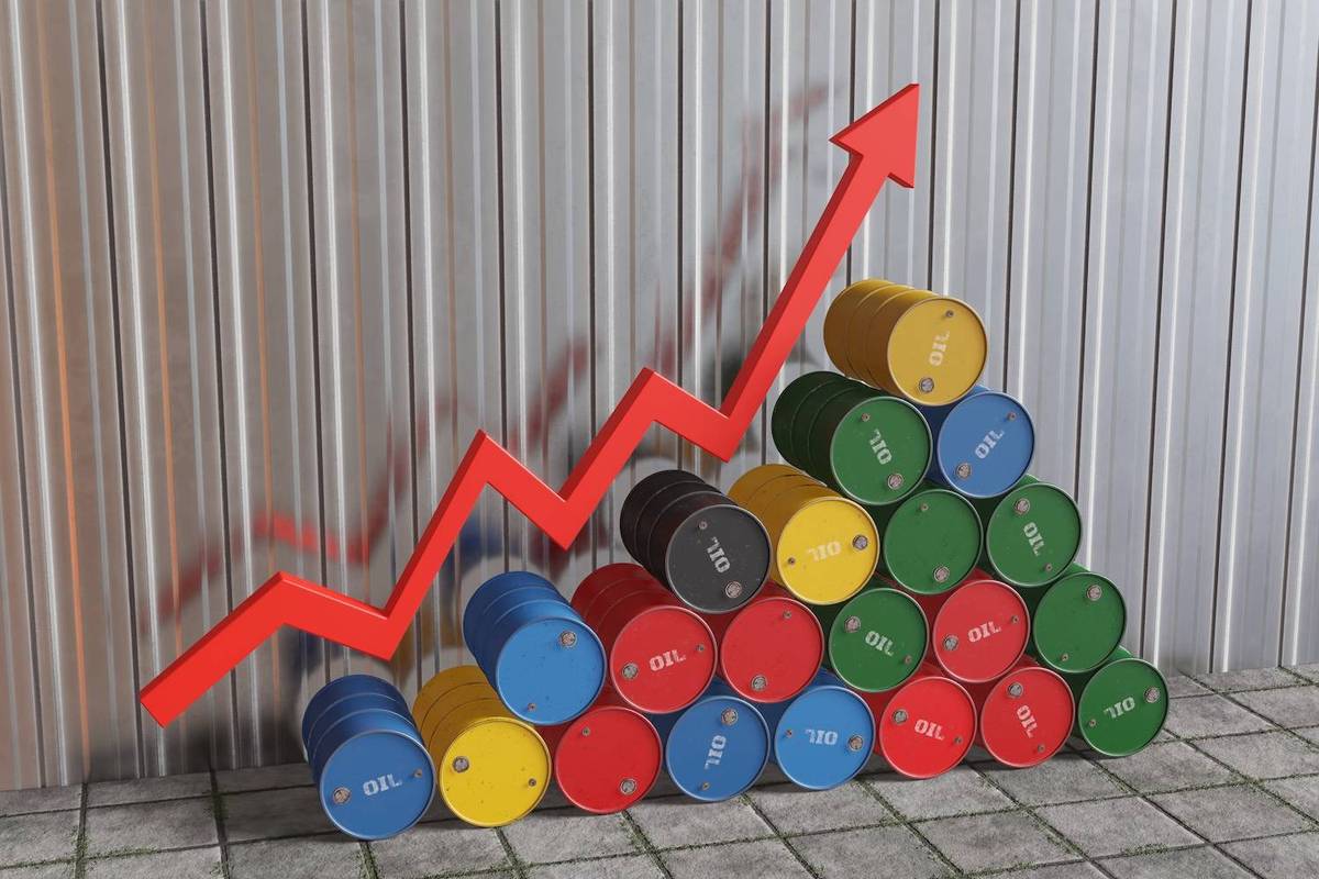 Stacked oil barrels with red upward arrow graph against a corrugated background.