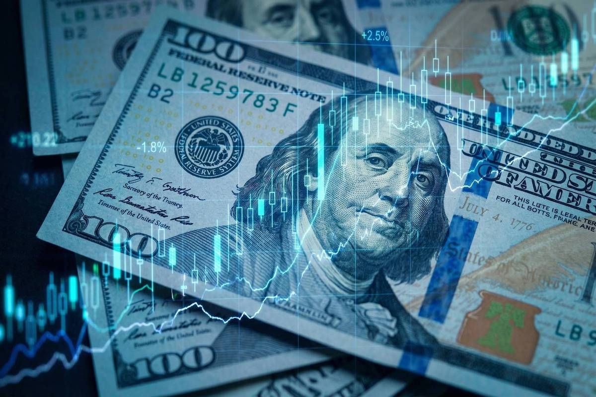 Stacks of 100-dollar bills under blue digital financial graphs and indicators, Text reads: 2.5%, 1.8%.