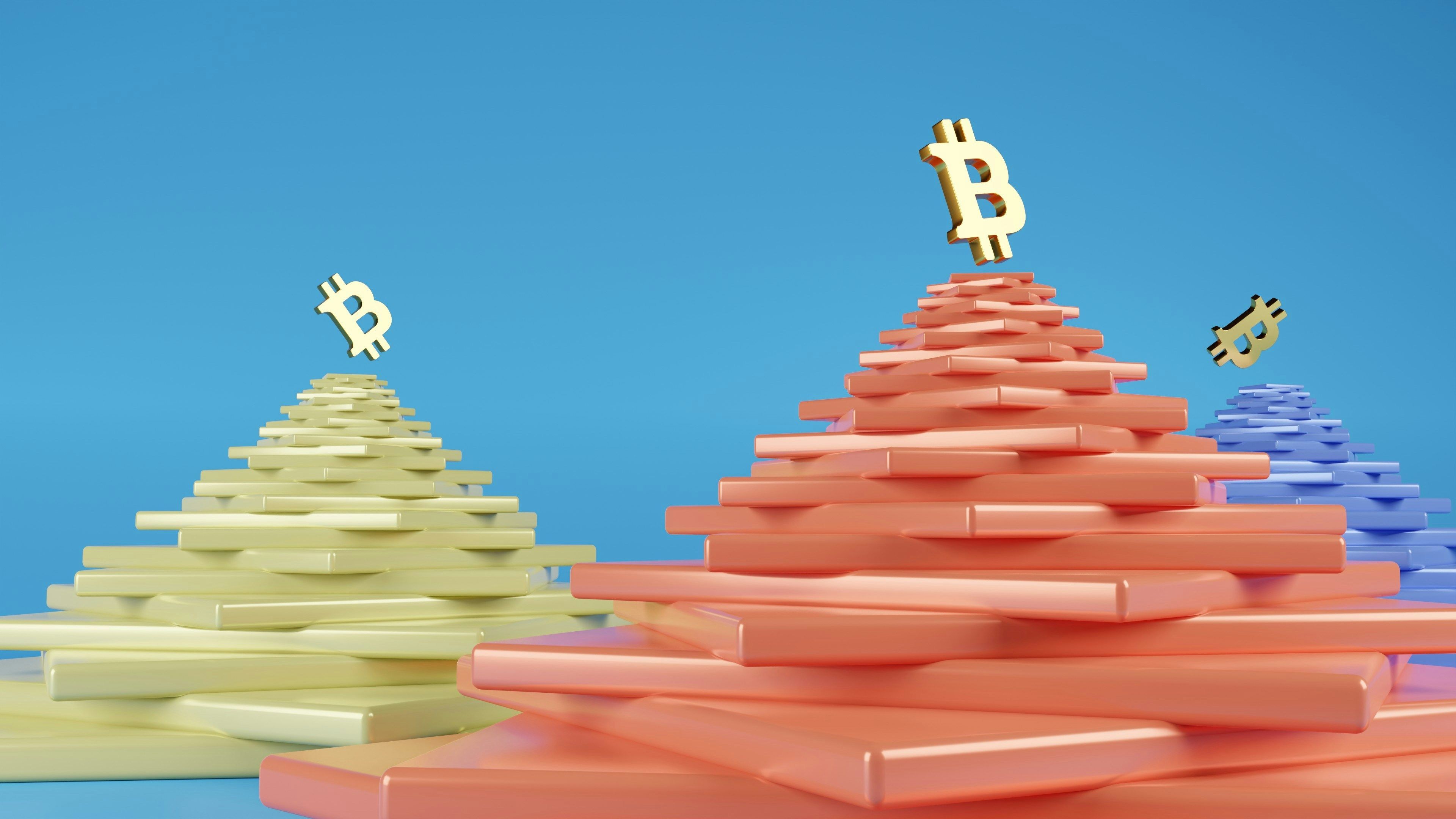 Stacks of colored rectangles with Bitcoin symbols on top.