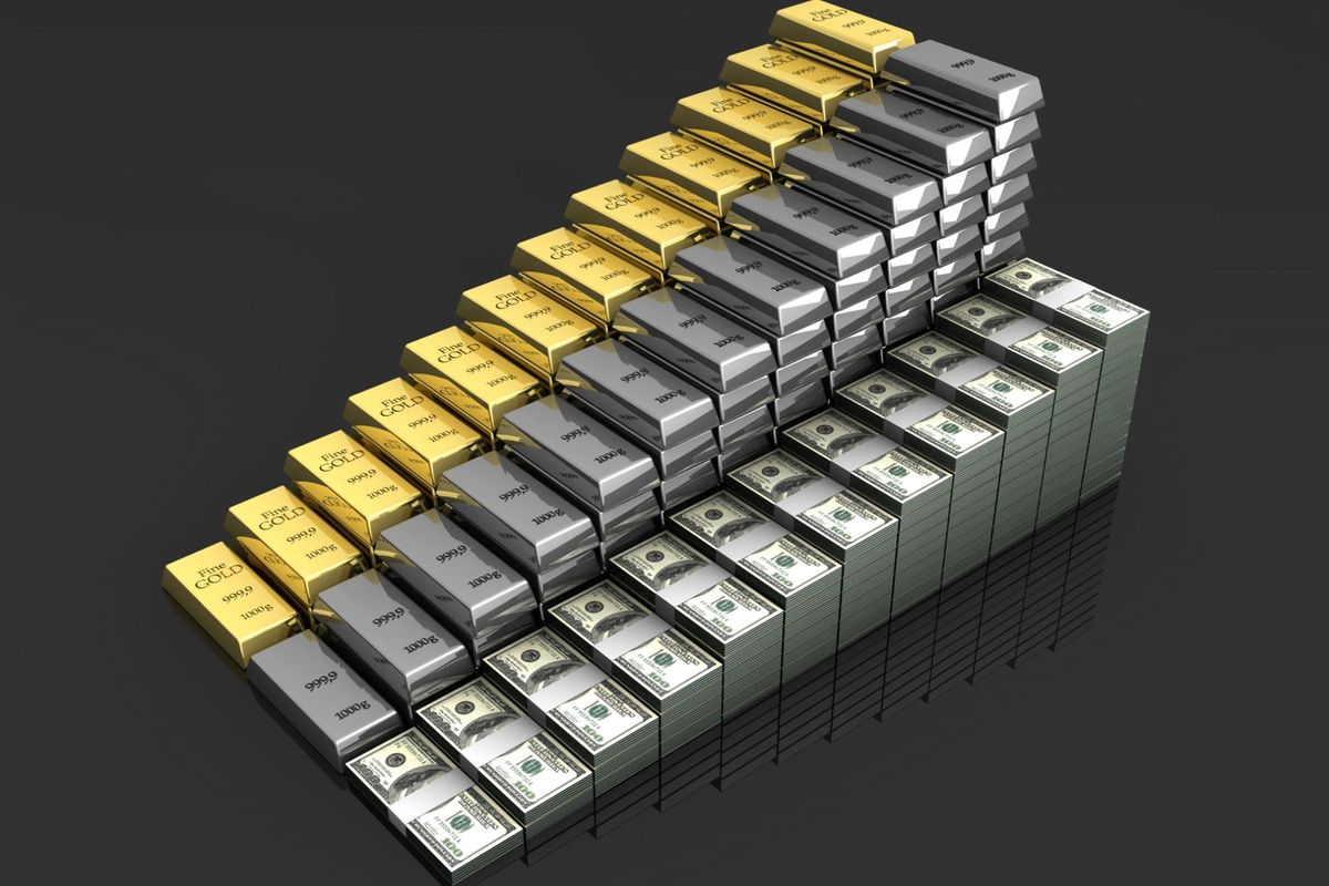 stacks of gold and silver bars, as well as hundred dollar bills forming a set of stairs