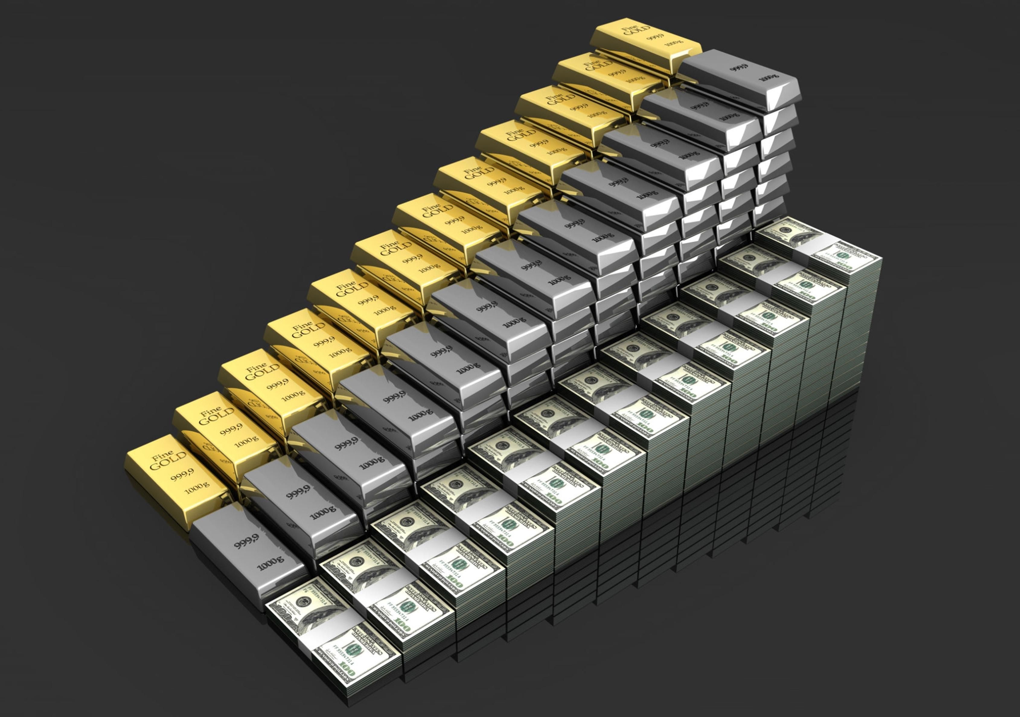 stacks of gold and silver bars, as well as hundred dollar bills forming a set of stairs