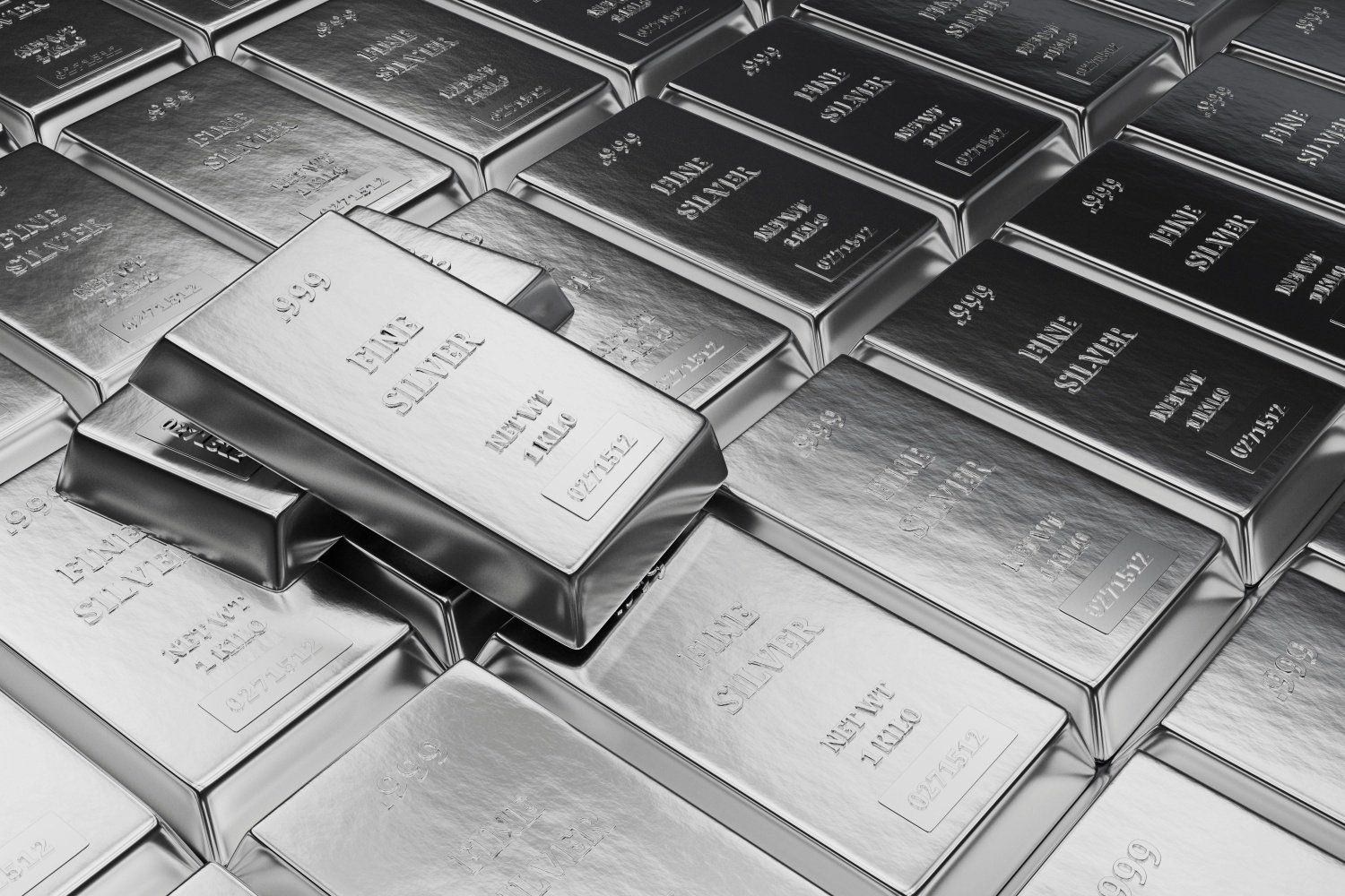 Stacks of shiny silver bars labeled "FINE SILVER" and "999" purity.