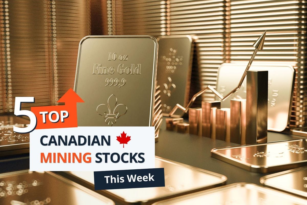 Standing gold bar in front of stacks of gold bars in background plus gold price chart. Words read "5 Top Canadian Mining Stocks This Week."