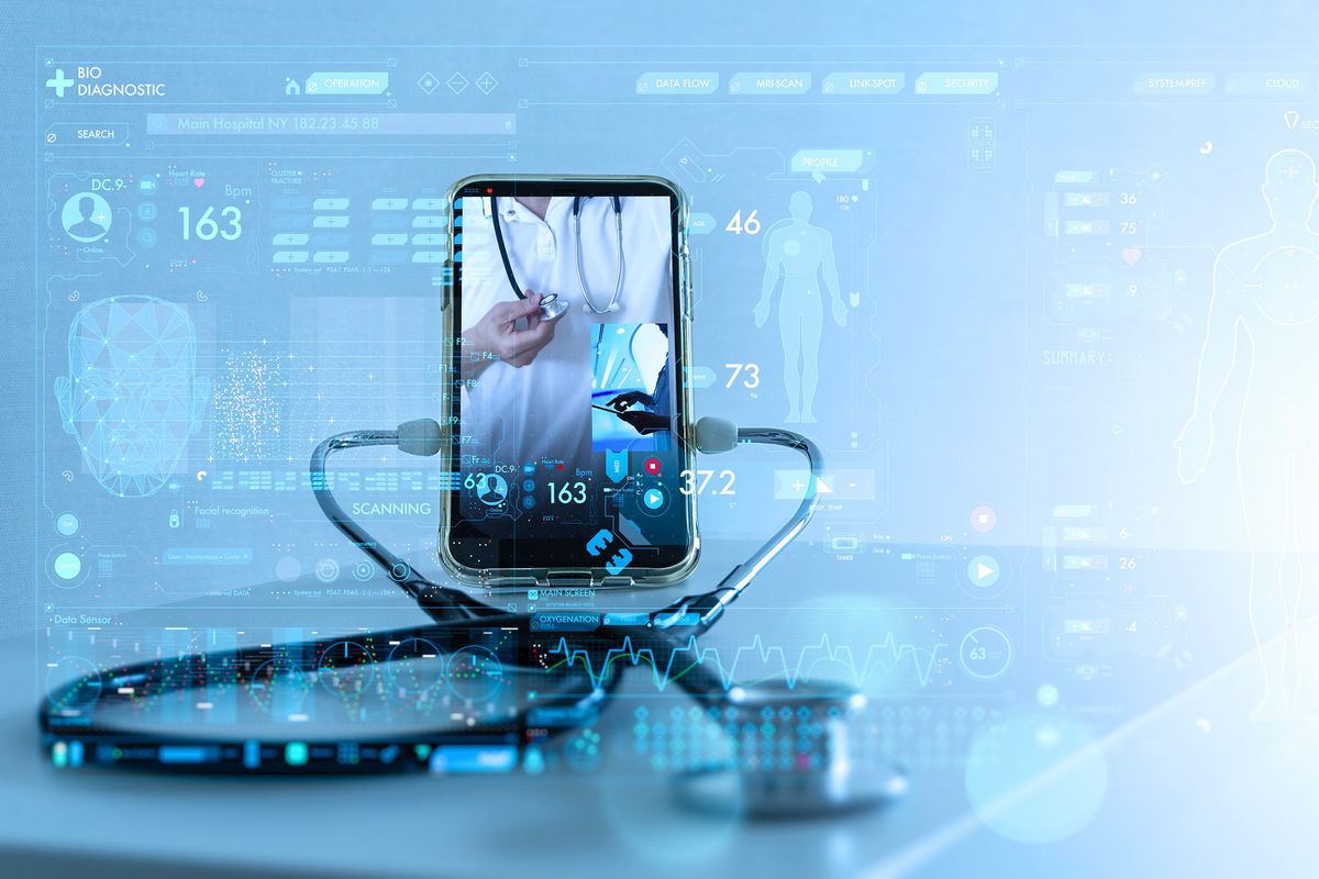 Stethoscope connected to a phone with medical data overlay.
