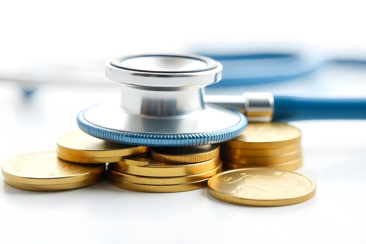 Stethoscope on stacked gold coins, symbolizing healthcare costs or medical finance.