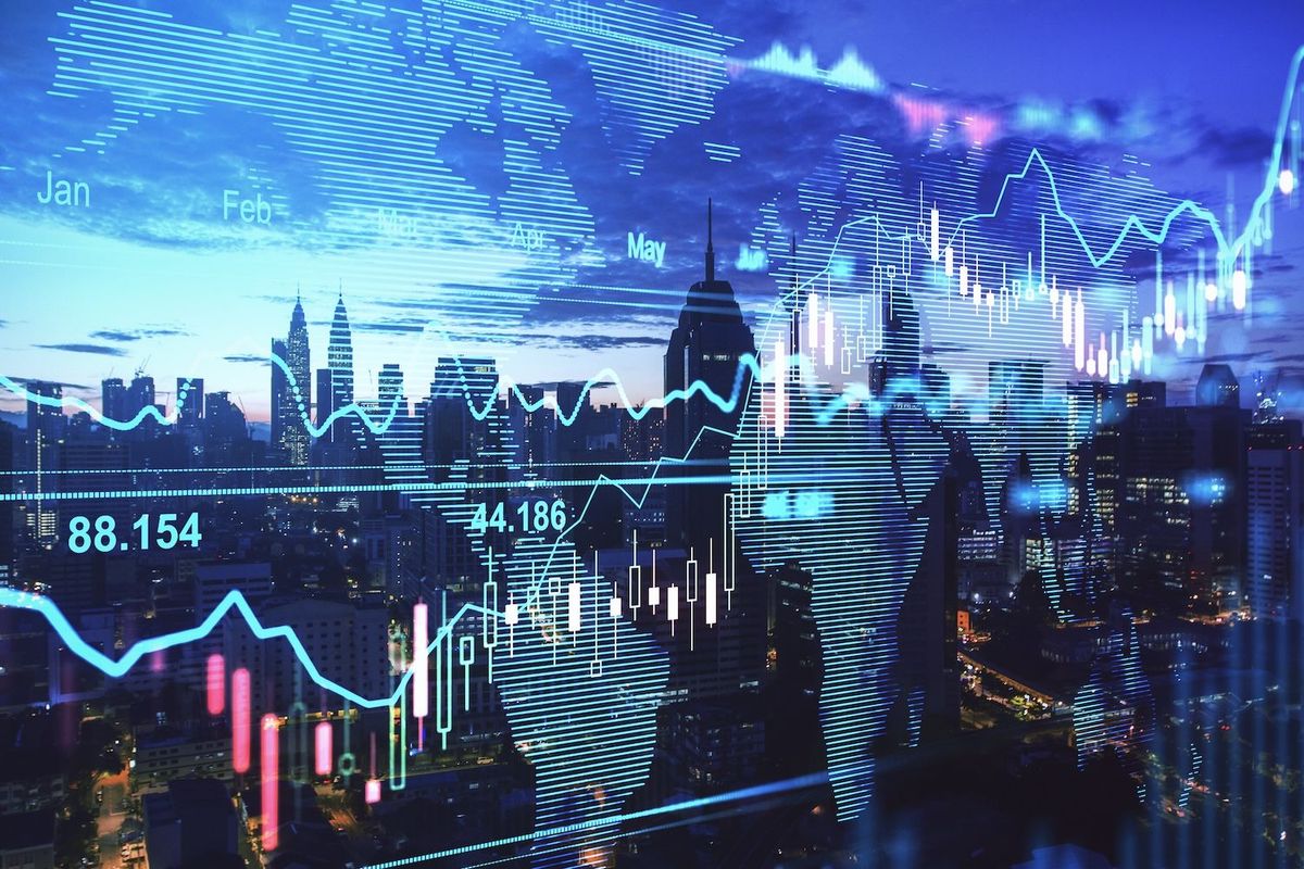 Stock chart superimposed over city.