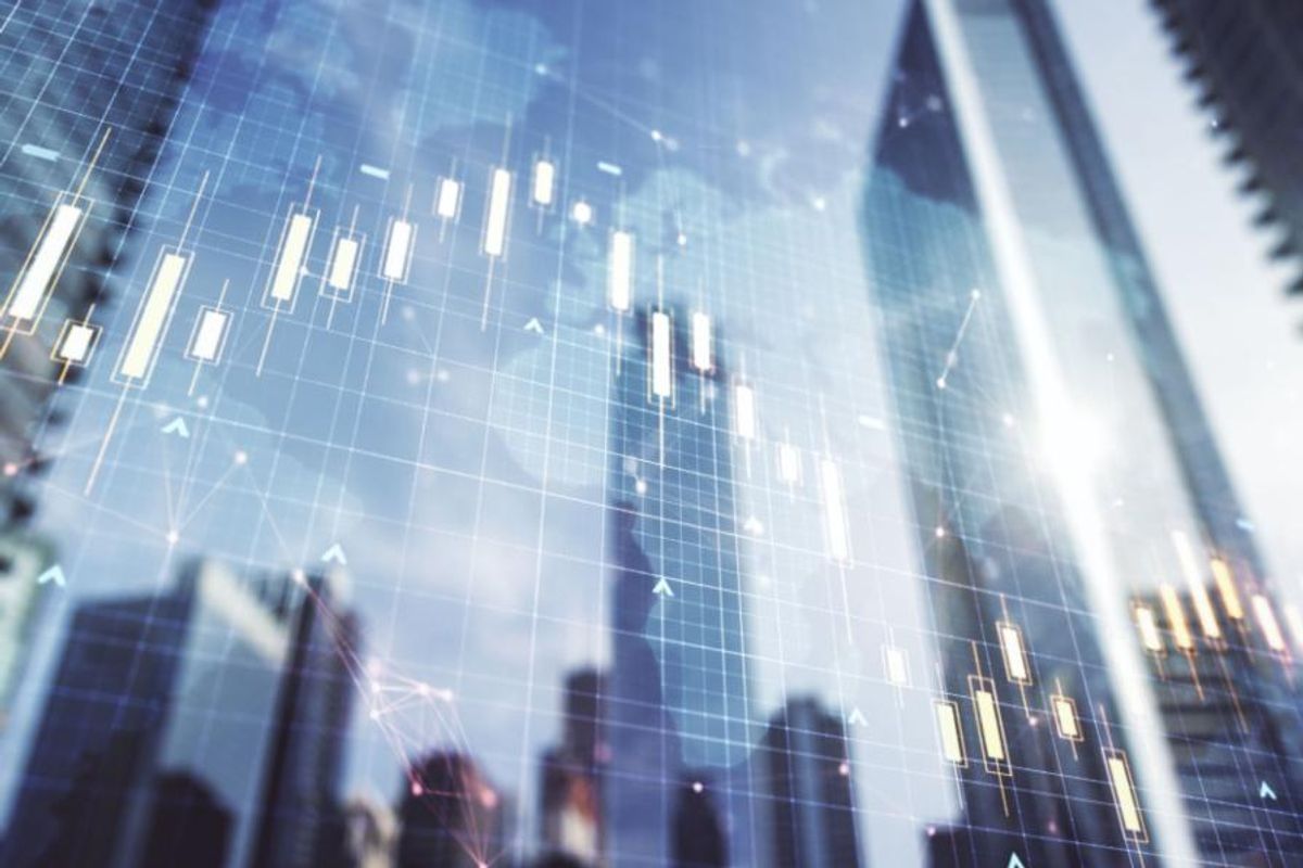 stock chart superimposed over skyscrapers