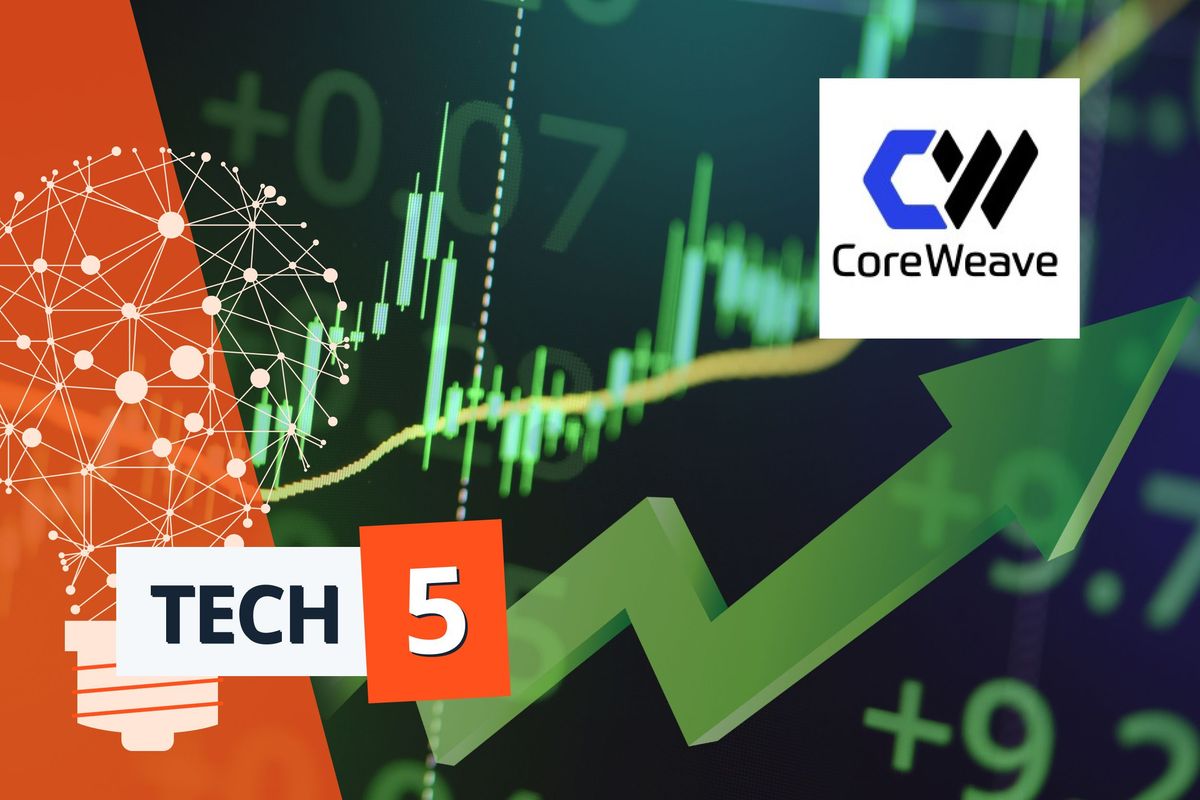 Stock charts, CoreWeave logo.
