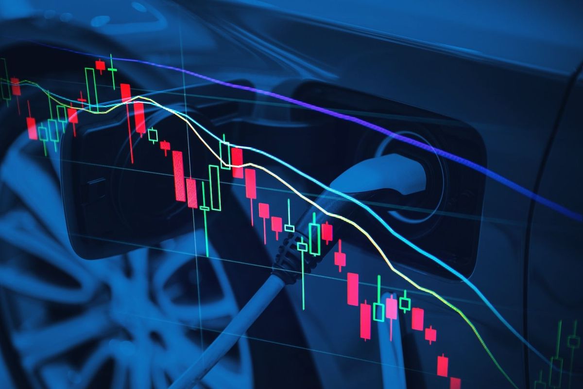Stock market chart overlay on electric car charging port.
