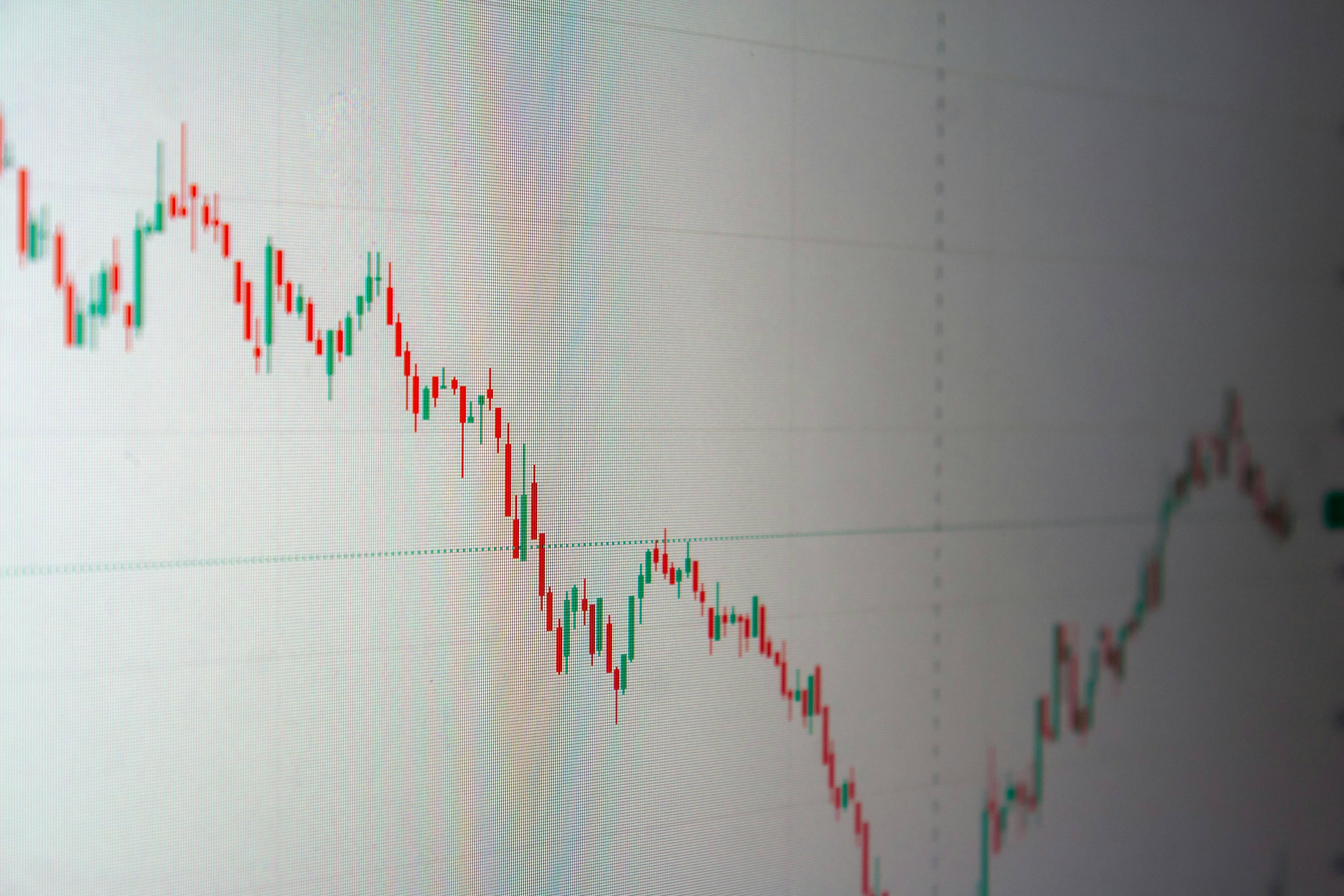 Stock market chart showing a downward trend with candlestick patterns.