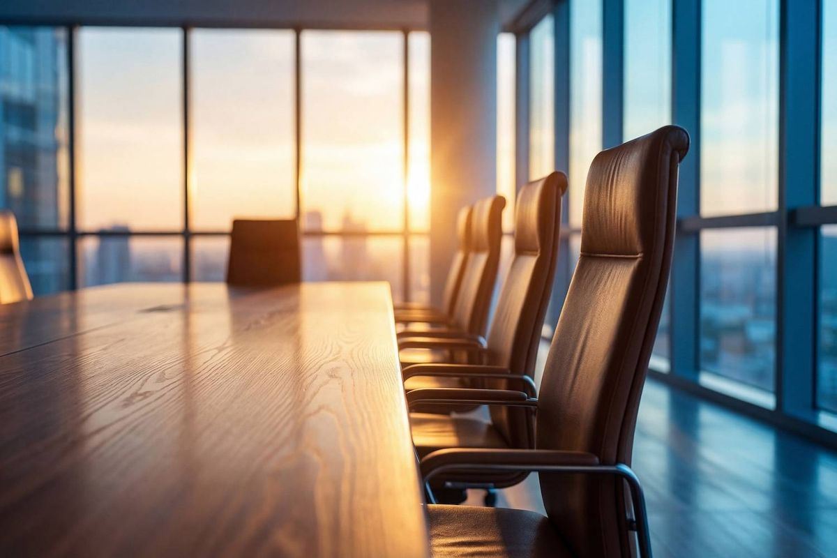 Sunlit boardroom with a wooden table and leather chairs, large windows show a cityscape at sunset.