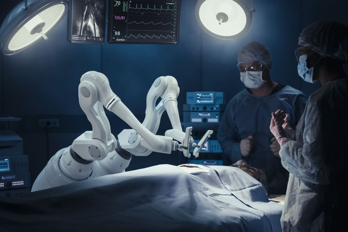Surgeons stand around a hospital bed with patient on it and a surgical robot above it.