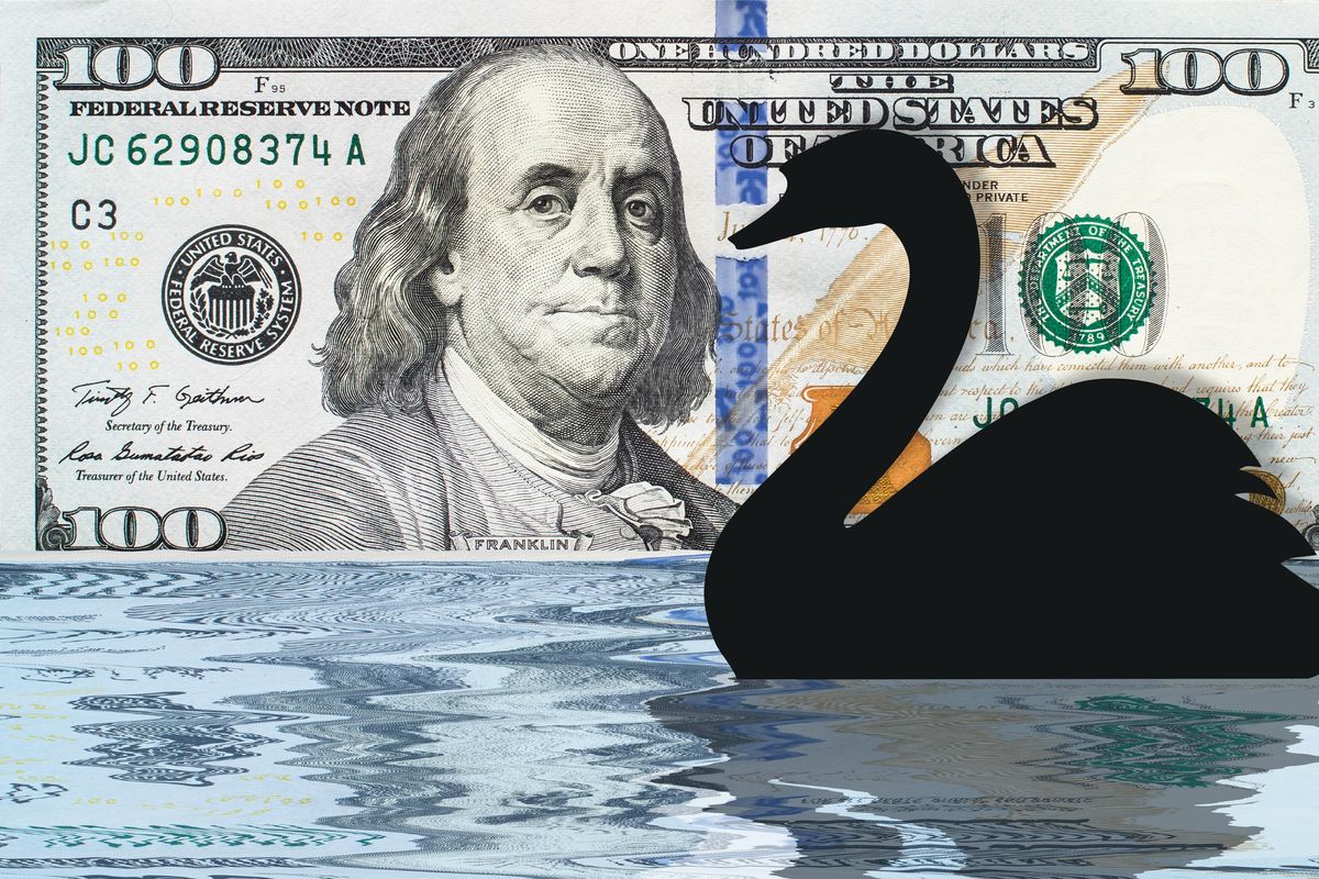 swan silhouette swimming by a US$100 bill