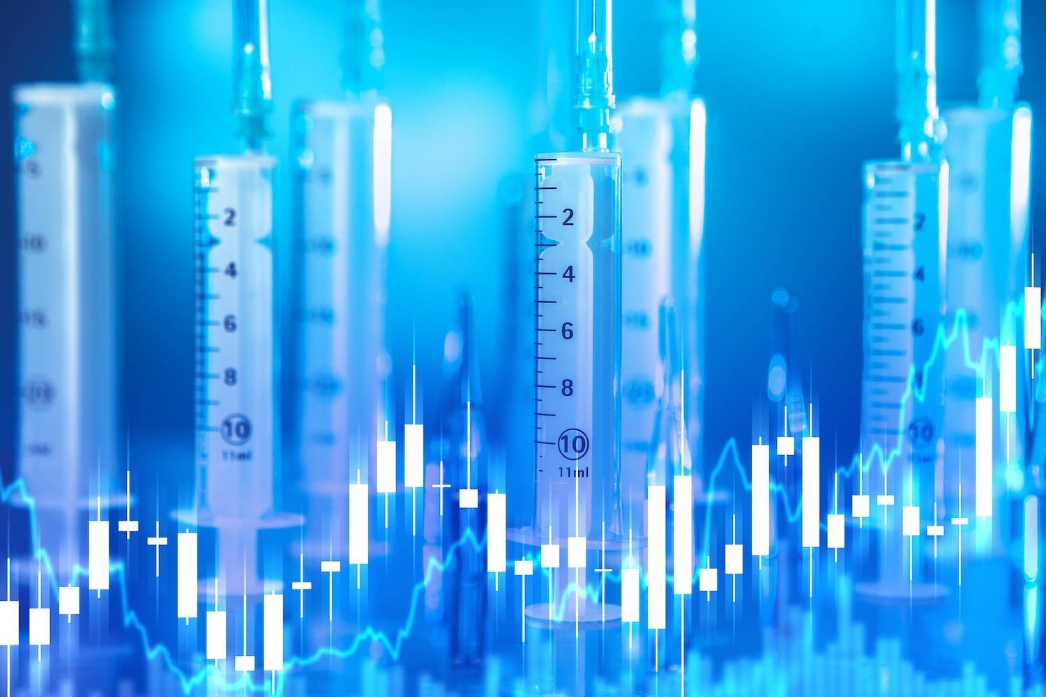 Syringes with measurement markings are overlaid with a fluctuating blue and white line graph, text reads: