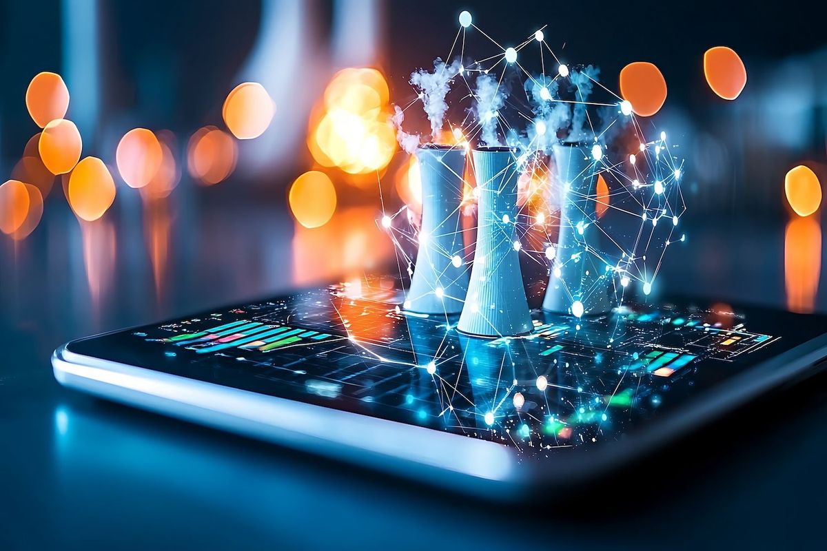 Tablet displaying virtual cooling towers with network connections, glowing bokeh in the background.