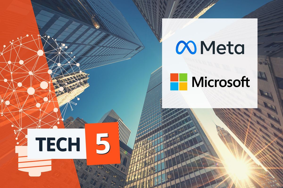 Tall buildings, Meta and Microsoft logos.