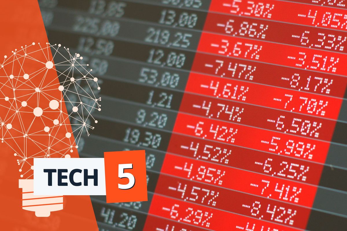 "Tech 5" logo with stock market declines highlighted in red.