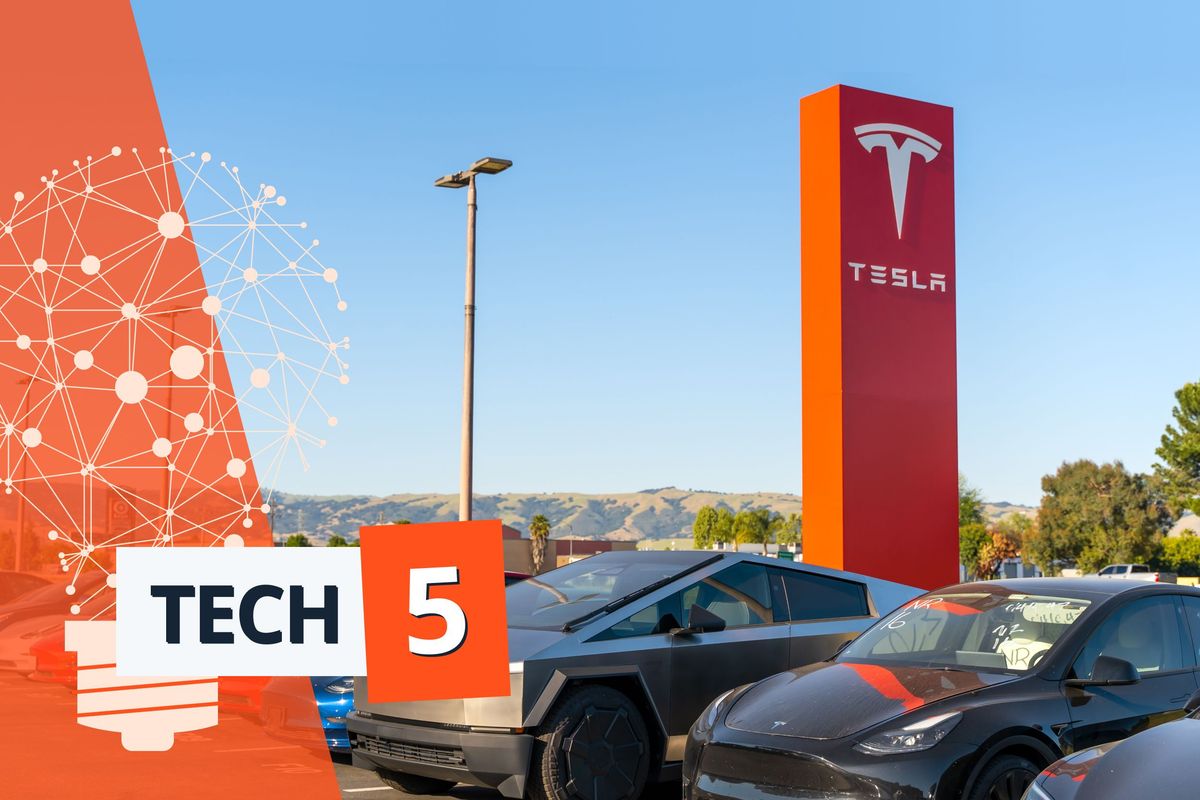 Tesla cars parked near a Tesla sign with "Tech 5" graphic overlay.