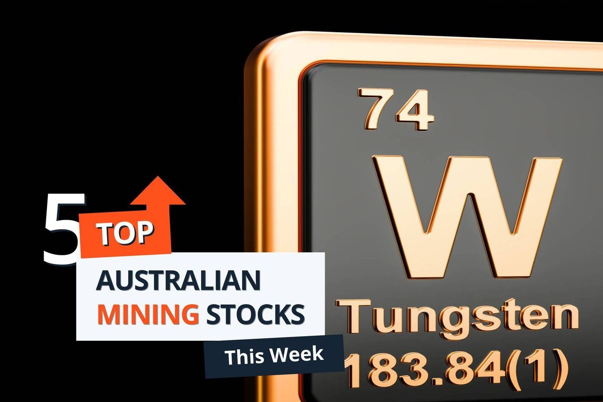 Text reading "Top 5 Australian mining stocks this week" with a tungsten periodic table of elements symbol in gold and black.