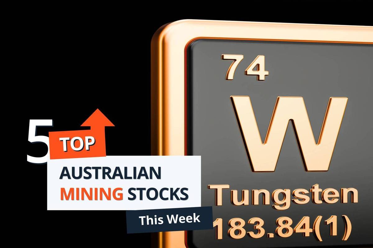 Text reading "Top 5 Australian mining stocks this week" with a tungsten periodic table of elements symbol in gold and black.