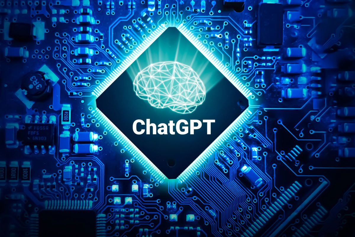 Text saying "ChatGPT" overlaying a brain and circuit board.