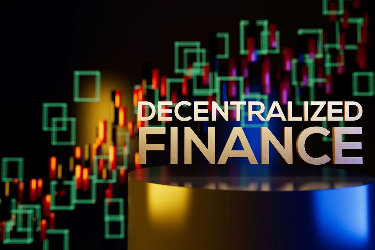 Text saying "decentralized finance" with colorful digital chart backdrop.
