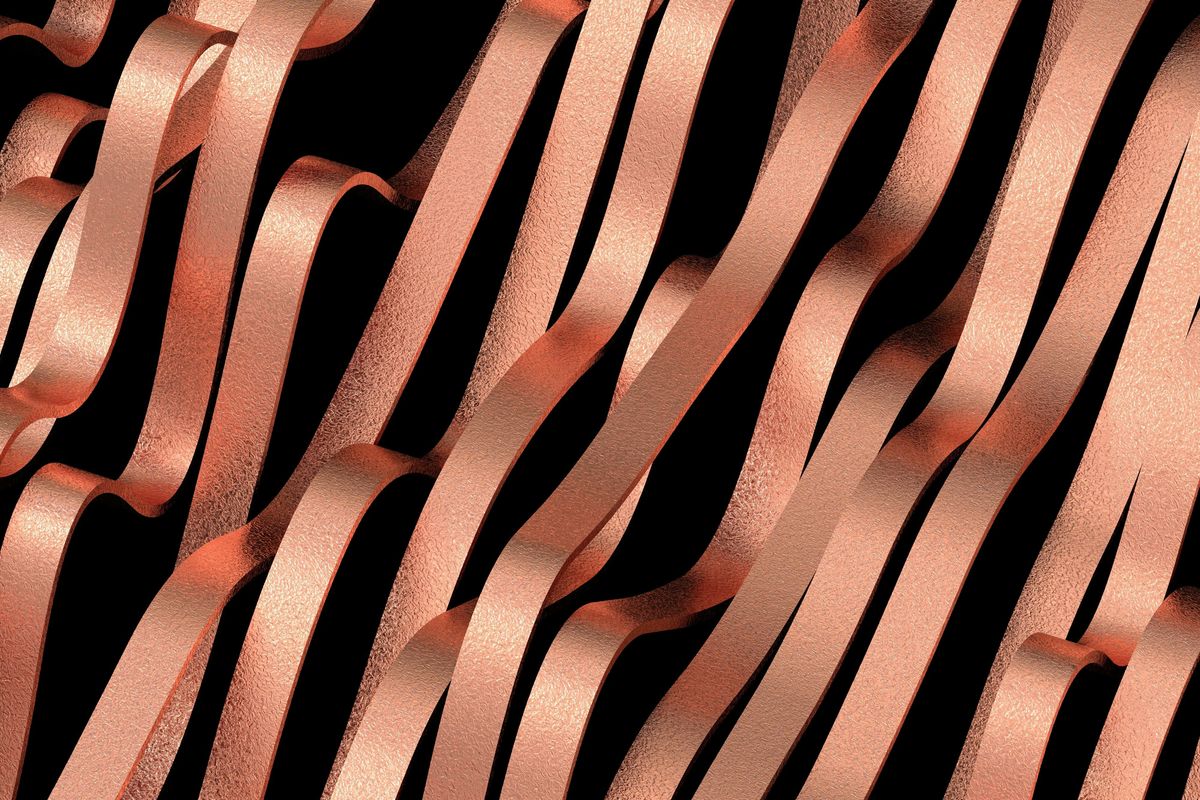 Textured copper ribbons weave over a black background.