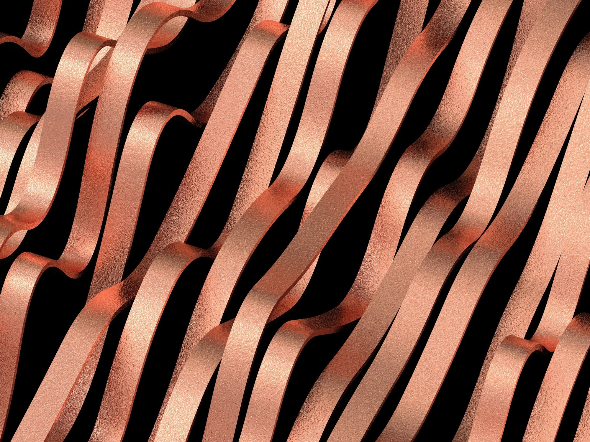 Textured copper ribbons weave over a black background.