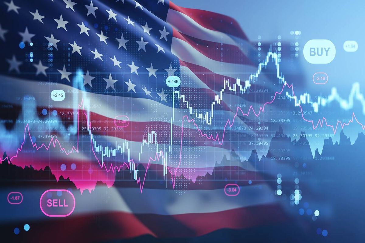 The American flag overlays a financial graph with fluctuating lines and digital readouts, text reads: BUY, SELL.