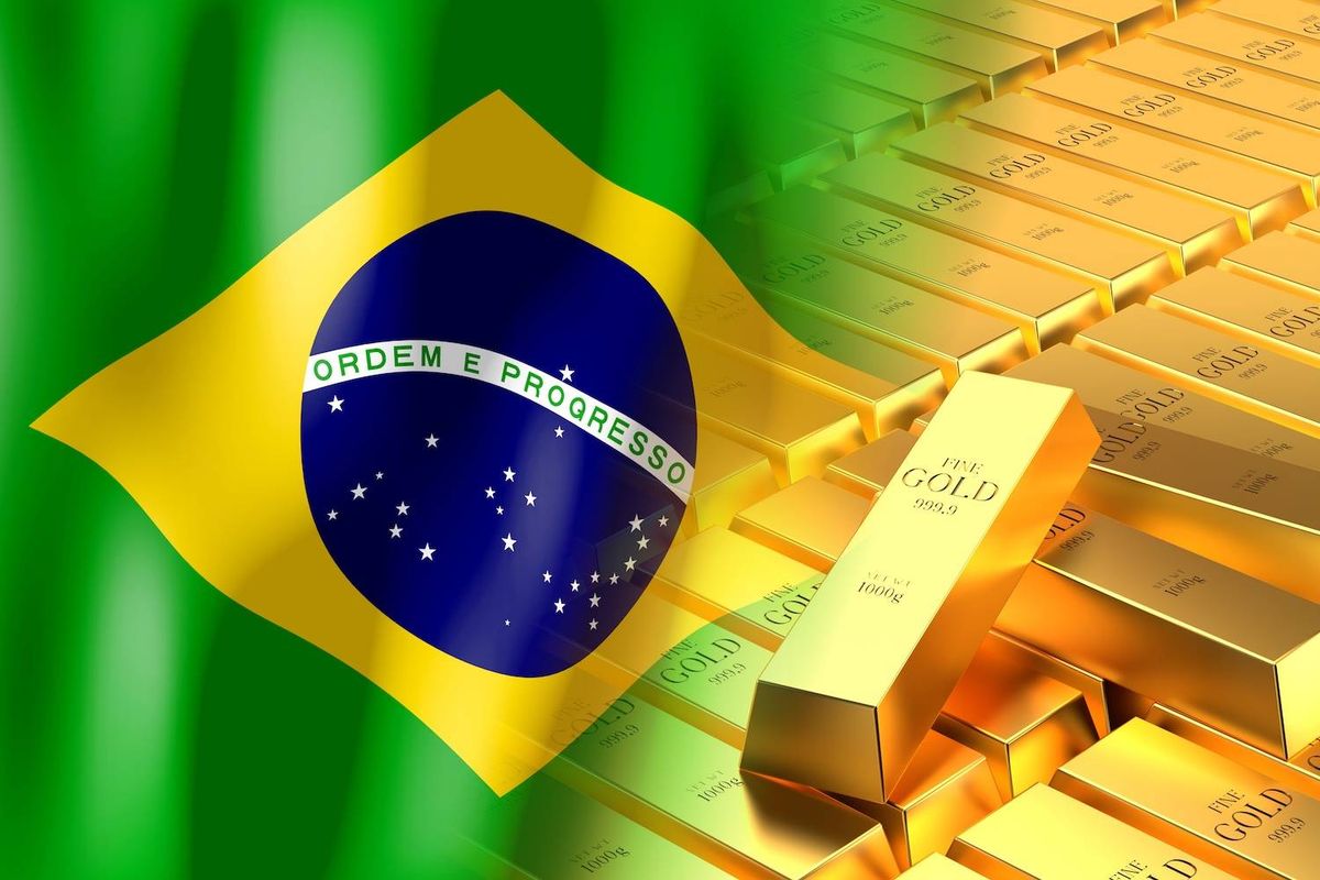 The Brazilian flag on a green background overlays numerous gold bars; text reads: FINE GOLD 999.9 NET WT 1000g.