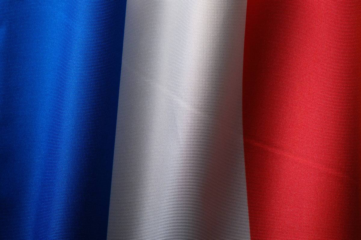The image shows a rippled flag with vertical blue, white, and red stripes.