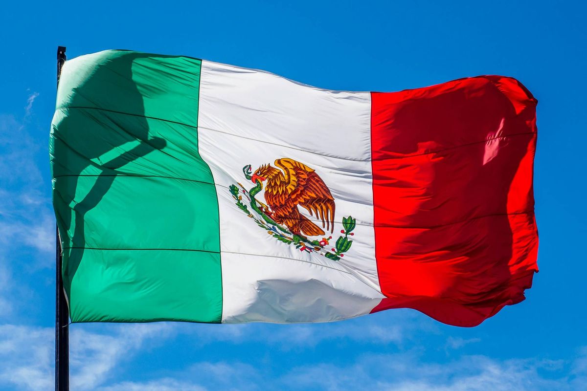 The Mexican flag with green, white, and red stripes waves against a blue sky.