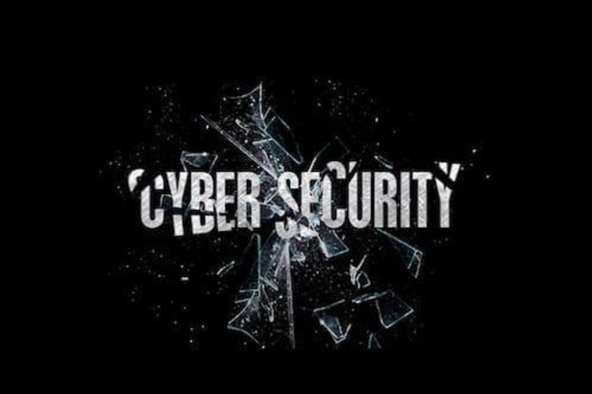 the word cybersecurity with broken letters and broken glass
