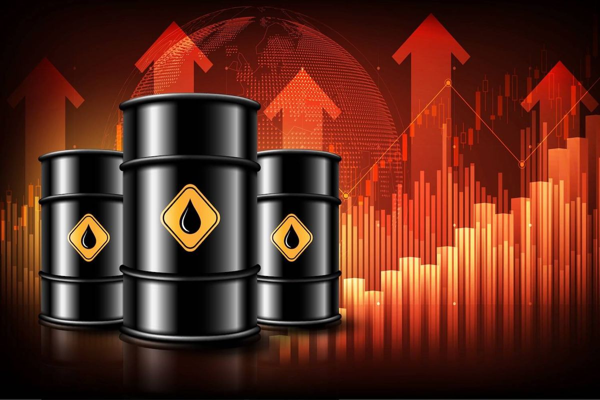 Three black oil barrels with yellow symbols over a red background featuring upward arrows and bar graphs.