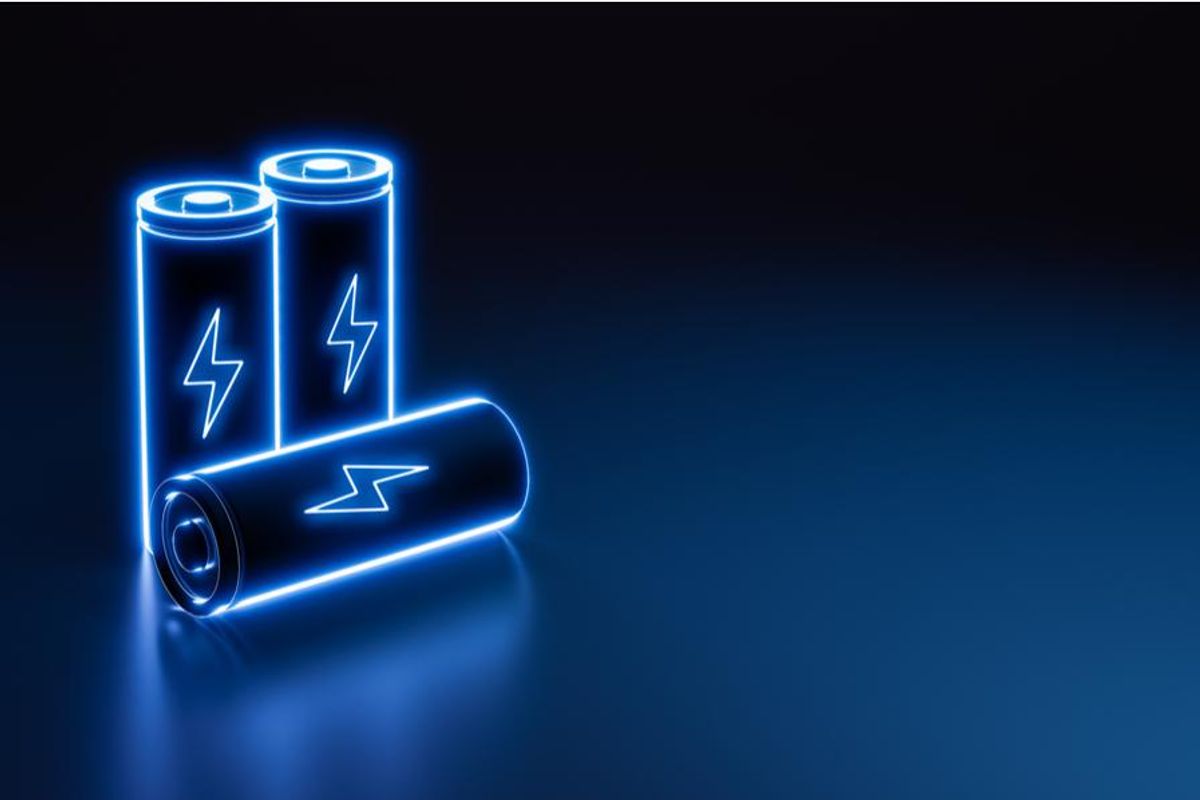 three blue lithium batteries that are glowing