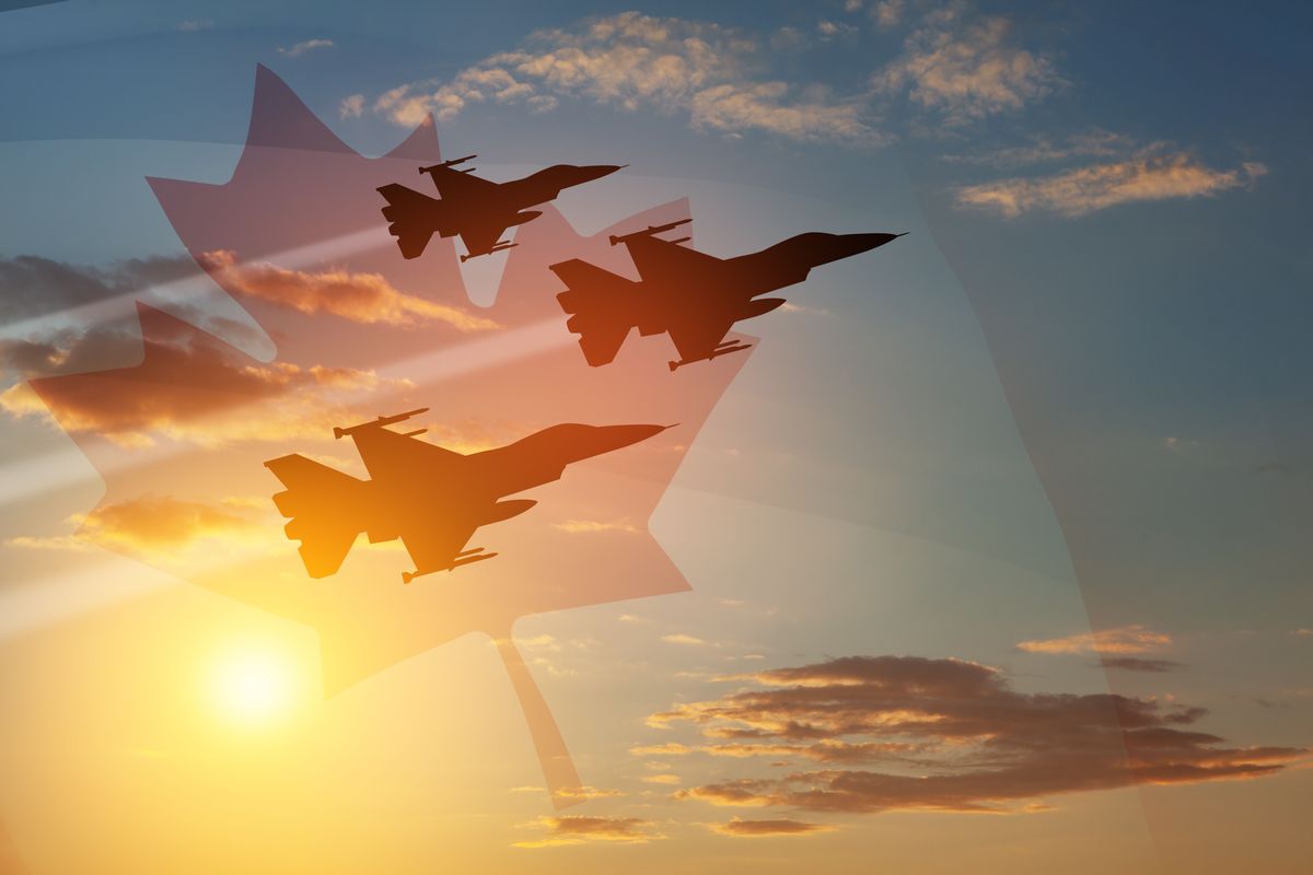 Three fighter jets silhouetted against sunset with Canadian flag overlay.