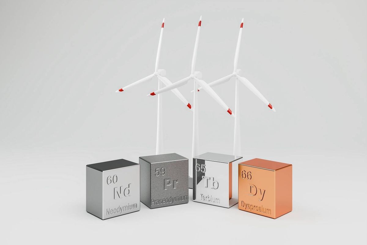 Three wind turbines stand behind metal cubes labeled with different elements against a light gray background.