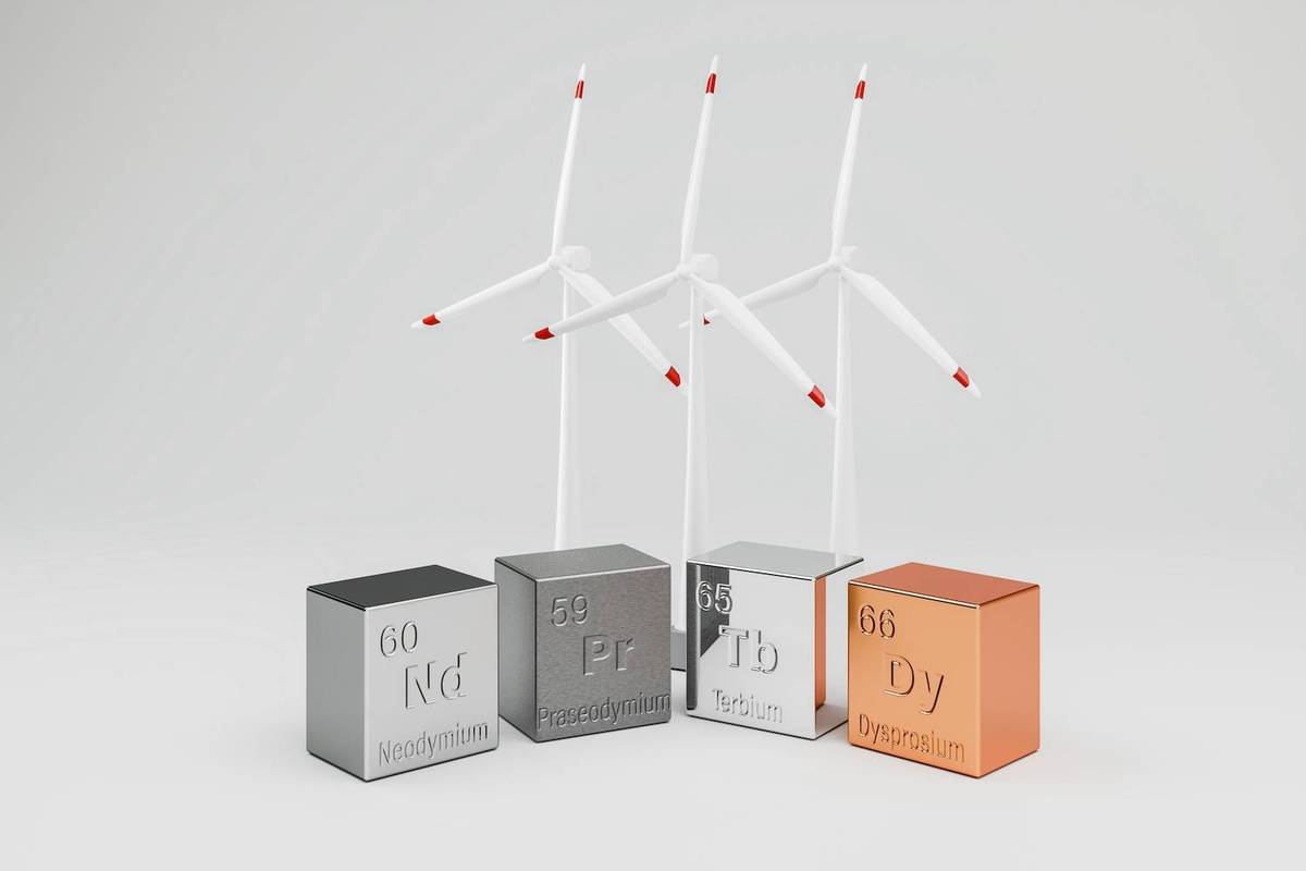Three wind turbines stand behind metal cubes labeled with different elements against a light gray background.
